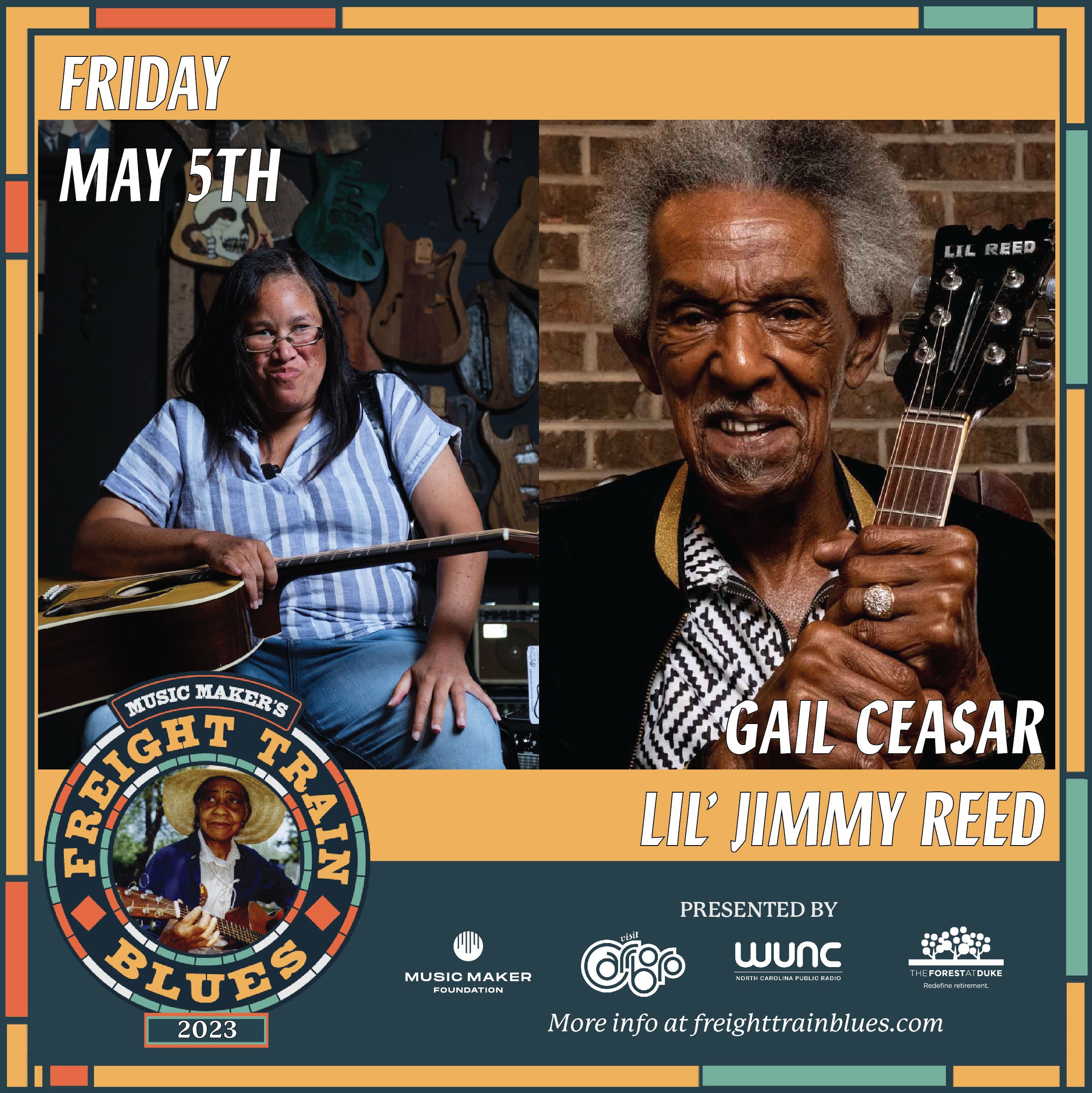 Graphic for Freight Train Blues showing information and photos of Gail Cesar and Lil' Jimmy Reed