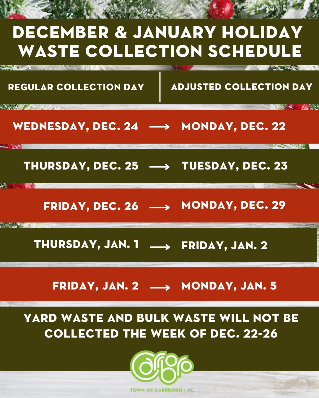 dec and jan holiday waste schedule